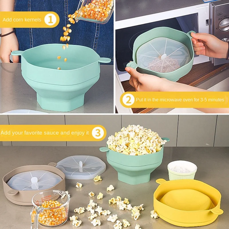 Silicone Microwave Popcorn Bowl Foldable Popcorn Maker Bucket Bowl With Lid Folding Popcorn Kitchen Baking Tool 3