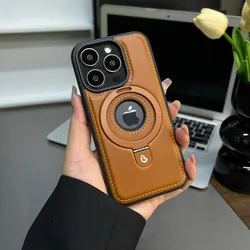 Luxury Magnetic Stand Ring PU Leather Phone Case with Magsafe and Hollow Logo Design for iPhone 14 Pro Max (PUZJ Brown)