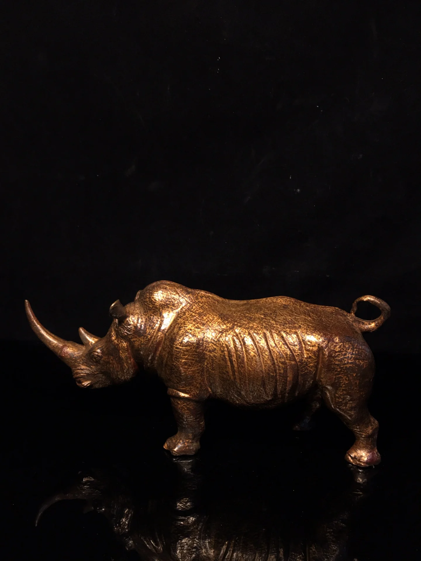 

9"Tibetan Temple Collection Old Bronze Cinnabar Mud gold Rhino statue Unicorn Office Ornament Worship Hall Town House Exorcism