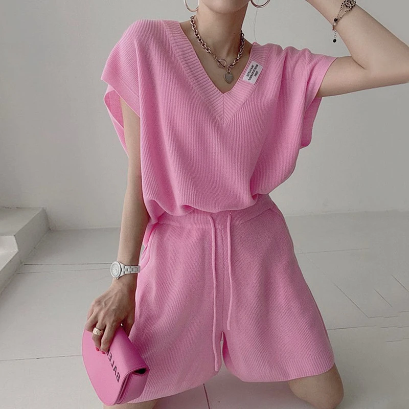 2023 Sweet V-neck Short Sleeve Pullover Sweater drawstring Wide Leg Shorts Pink 2 Piece Sets Womens Loose Streetwear Shorts Sets