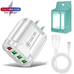 Ultra - Fast 4 - Port 45W USB Wall Charger with QC 3.0 - Universal Travel Adapter - US Charger and Cable