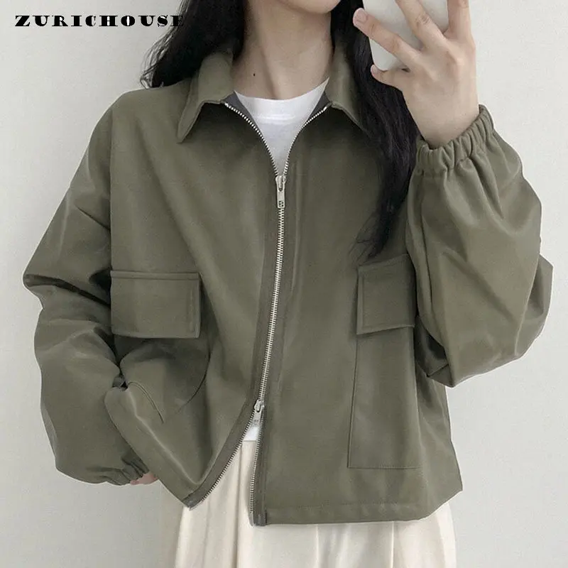 Faux Leather Women's Jacket Spring Autumn 2024 New Fashion Double Zip-up Coats Simple Solid Casual Motorcycle Leather Jacket