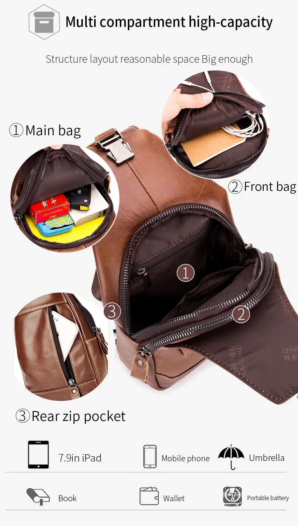 2026 Neue Herren-Brusttasche aus echtem Leder, große Kapazität, lässige Herren-Umhängetasche, klassische Crossbody-Taschen für Männer – Detail 7