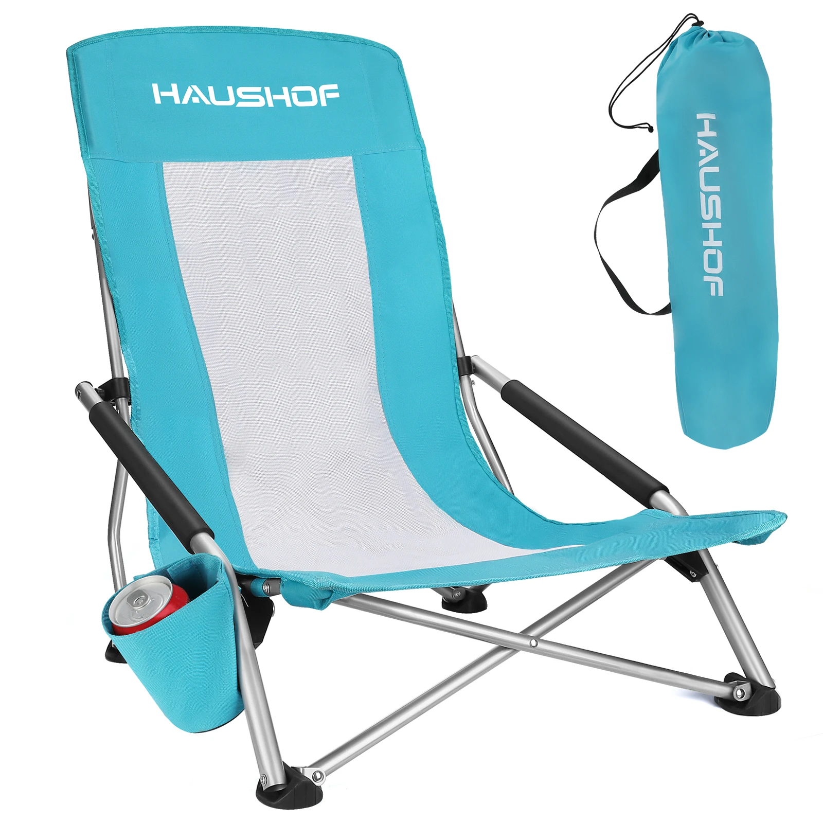 Folding Chair HAUSHOF Beach Chairs Portable Outdoor Folding Moon Chair with Backrest and Cup Holder For Camping Fishing Travel BBQ Foldable