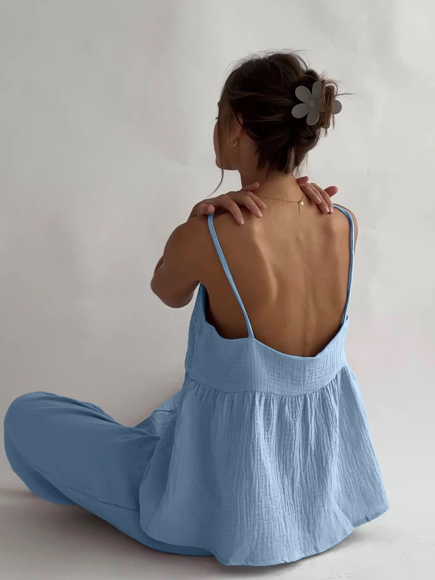 Marthaqiqi Cotton Ladies Nightwear Suit Sexy Spaghetti Strap Nightwear Backless Nightgowns Wide Leg Pants Home Clothes For Women