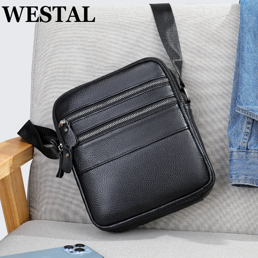 WESTAL Men's Leather Shoulder Bag Husband Gift Fashion Black Designer