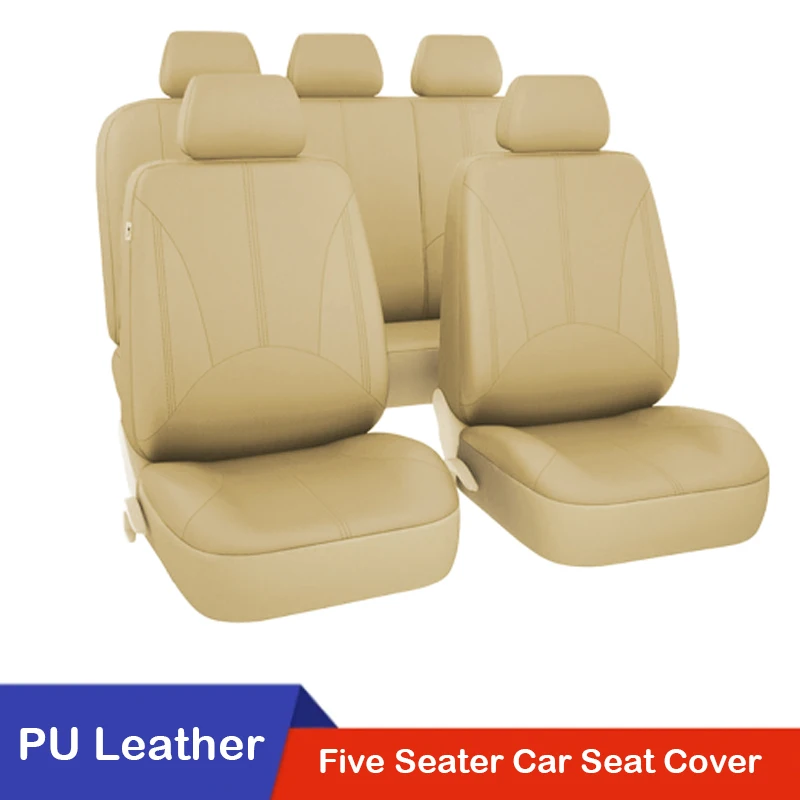 

PU Leather Car Seat Cover Luxury Beige Vehicle Seat Cushion Full-Wrapped Universal Seat Protector Anti Scratch Wear-Resistant
