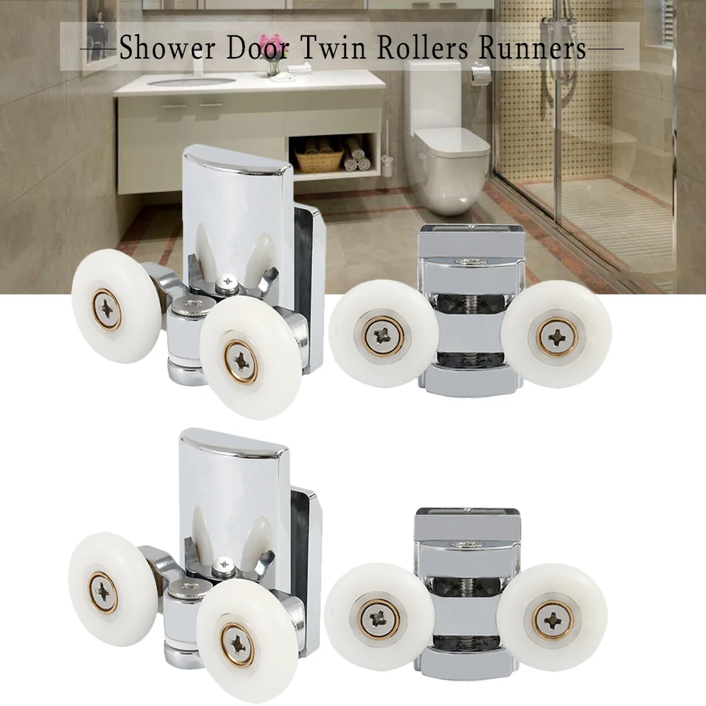 Set of 4 Shower Door Rollers Twin Roller Runners Wheels Pulleys Zinc Alloy 23mm Wheel Diameter Top Bottom Bathroom Replacement