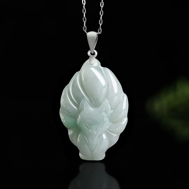 

Natural Myanmar A-goods Jade Light Green Nine Tailed Fox Pendant S925 Silver Necklace Waxy Jadeite Charms Women's Jewelry