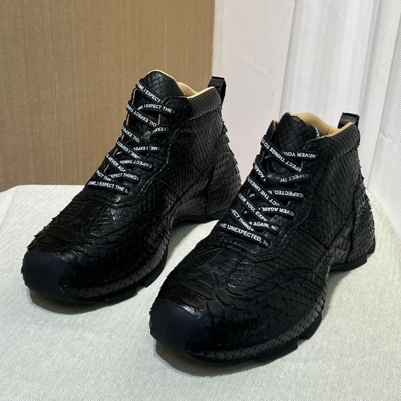 Men's Shoes Autumn Winter Python Snake Skin High Top Casual Versatile Real Leather Men's Black Trendy Wear-resistant Shoes