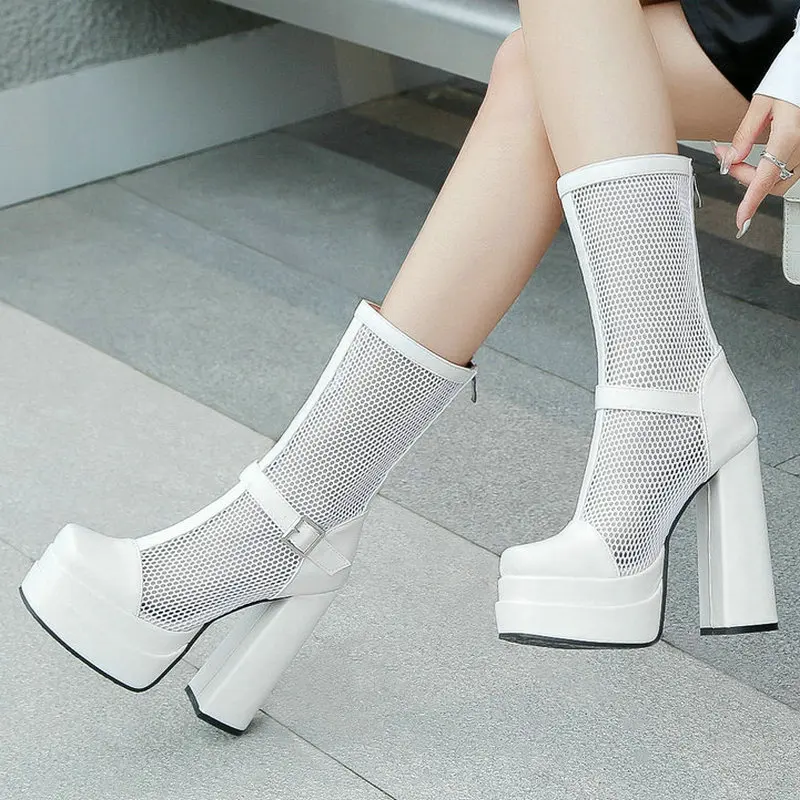 

Black White Apricot Summer Women Ankle Boots Platform Thick High Heel Ladies Short Boots PU Leather Zipper Dress Women's Boots