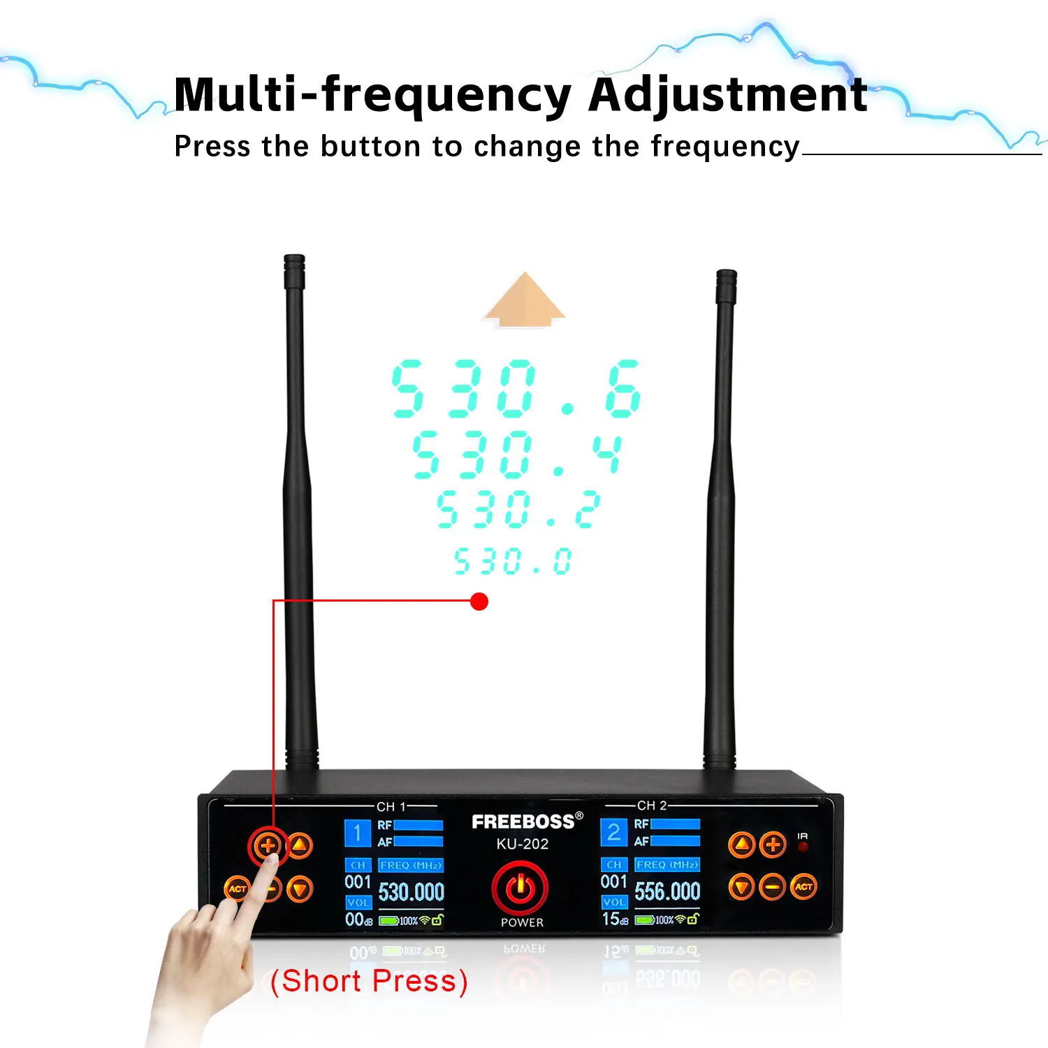 FREEBOSS 충전식 무선 마이크, 2 웨이 UHF 조정 가능, 주파수 EQ 전문 마이크, Consert 성능 KTV KU-202