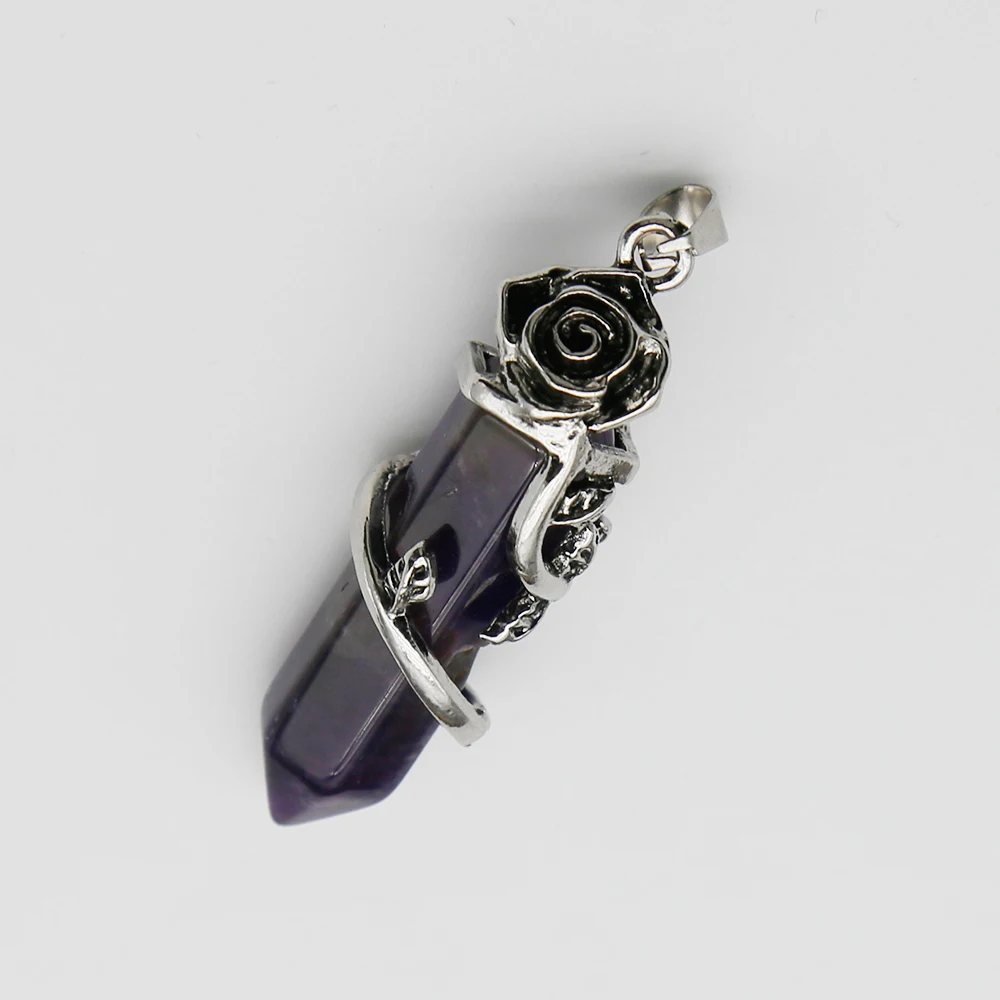 Free Shipping Natural Crystal Gem Hexagram Ancient Silver Rose Pendant Necklaces DIY Fashion Jewelry Accessories Wholesale 5Pcs