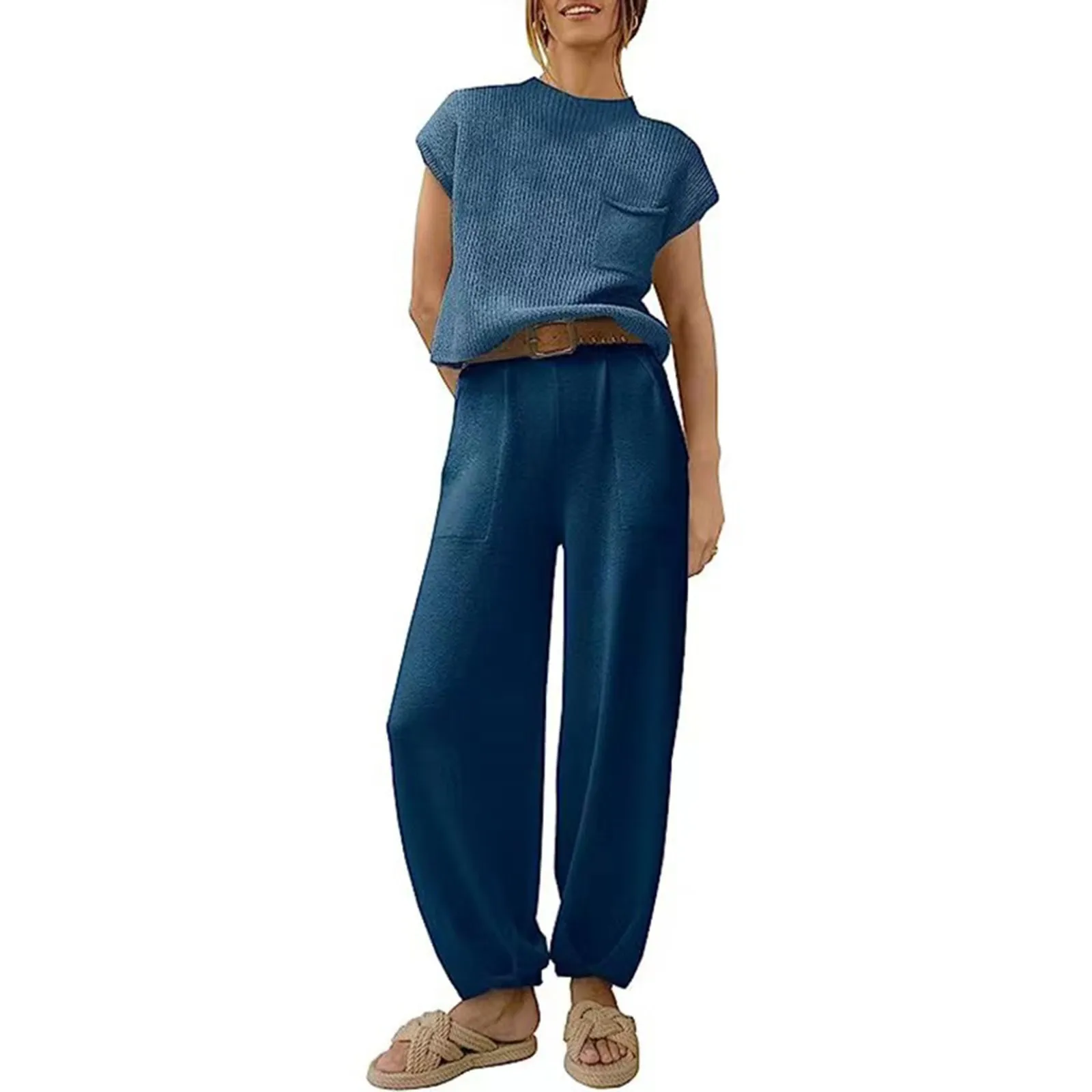 Sports Suit Women Solid Color Pocket Sleeveless Leggings Two Pieces