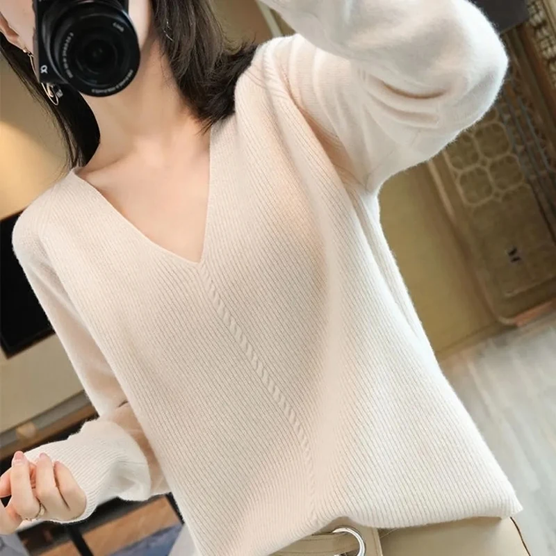 

Solid Soft Knitting Sweaters Women Autumn Winter Fashion Loose V-Neck Jumper Ladies Korean Style Long Sleeve Warm Pullover Woman