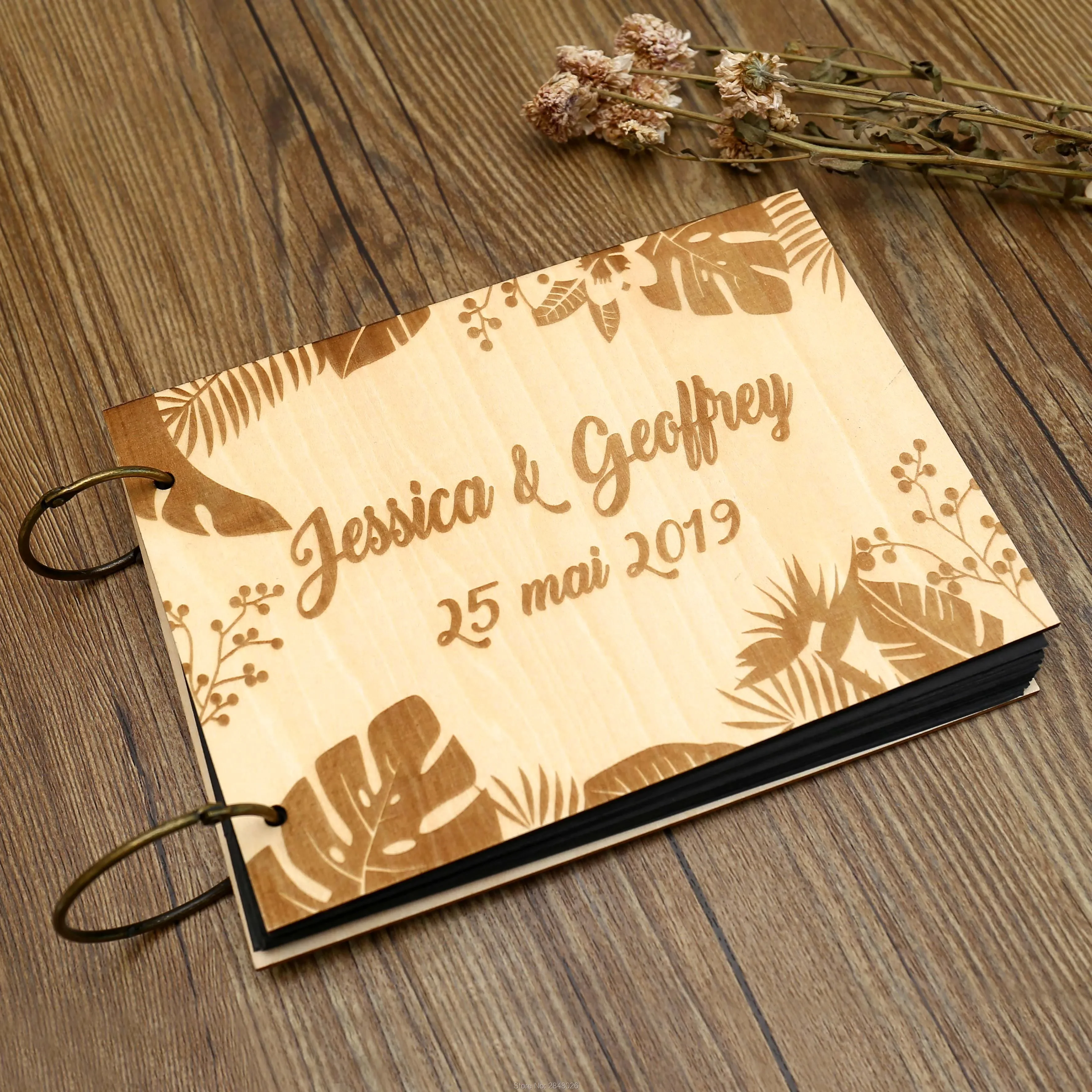 Rustic personalized wedding guest book,Tropical wooden Wedding guestbook, personalized Summer photo album