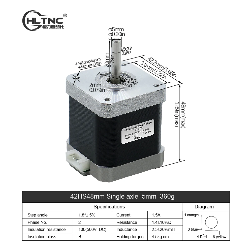 3D 프린터 Nema 17 스테퍼 모터 0.45N.m 42HS48mm 65ozin 4.5kg.cm CNC 라우터용 단일 축 5mm 전류 1.5A