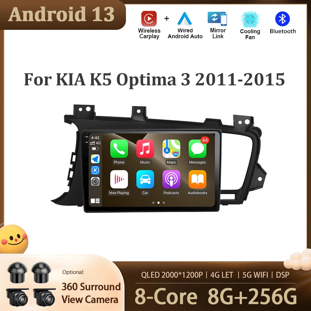 

Android 13 Car Multimedia Player Auto Radio for KIA K5 Optima 3 2011 - 2015 GPS Navigation Screen 5G WIFI BT DSP 4G LET Carplay