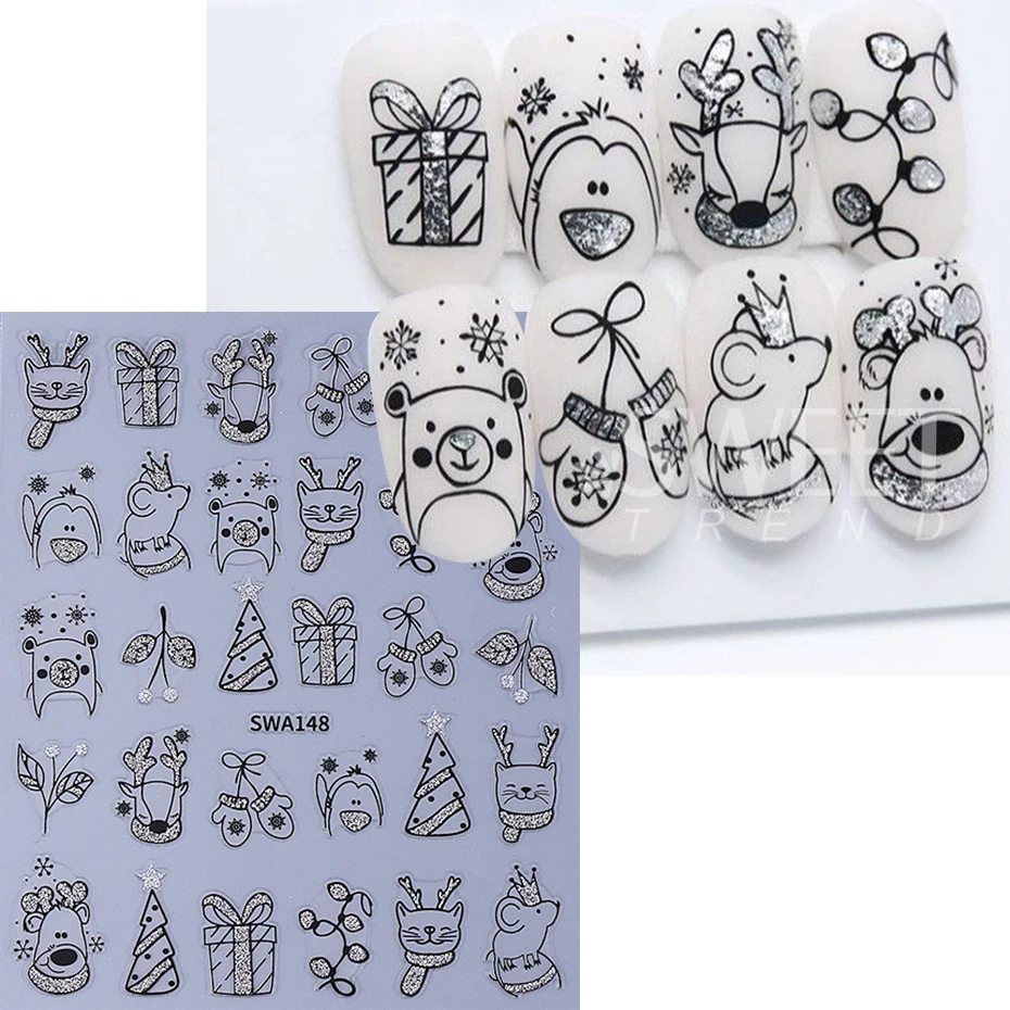 2pcs Glitter Cartoon Christmas Nail Stickers Gold Silver Reindeer Cat Glove Xmas Tree Nail Slider Decals DIY Manicure Decoration