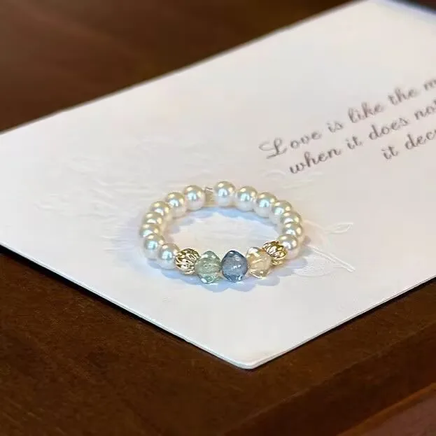 الفرنسية اللون الأزرق الزركون خاتم اللؤلؤ للنساء المتخصصة تألق مطرز الأزياء والمجوهرات أنيقة مطاطا خاتم مطرز هدية