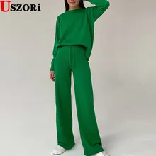 

Women's Knitted Pants Suit Women Long Sleeve Winter Green Sweater Tops Wide Leg Pants Suits Loose Oversize Sweater Set Tracksuit
