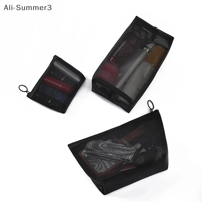 Black Mesh Clear Cosmetic Bags Set - Portable Travel Makeup and Toiletry Organizer with Lipstick Storage Pouch