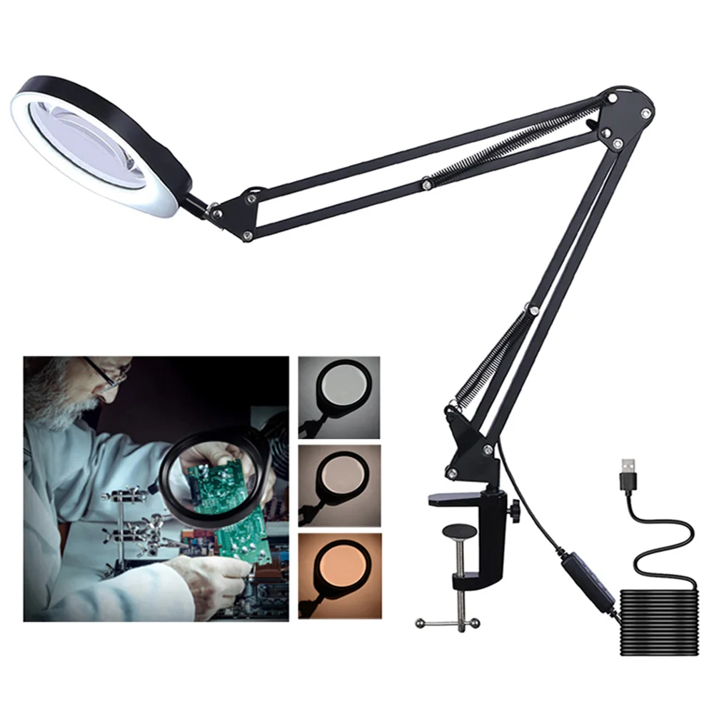 10X Magnifying Glass With Light And Stand, Real Glass Lens 3 Color Modes Stepless Dimmable Hands Free Adjustable Arm Led Lighted Magnifier Desk Lamp Clamp Crafts Rea