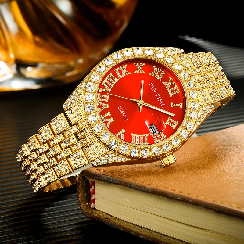 Topmærke PINTIME Starry Sky Star Dust Diamond Watch Quartz Gold Hip Hop Bling Iced Out ure Herre_voghion.com