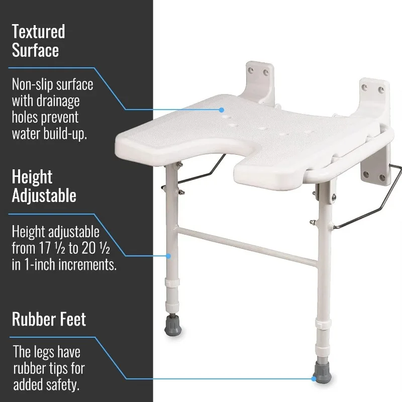 Wall Mount Fold Away Bath Chair Shower Seat Bench with Adjustable Legs, FSA and HSA Eligible, Seat 16 X 16 Inches, White 2