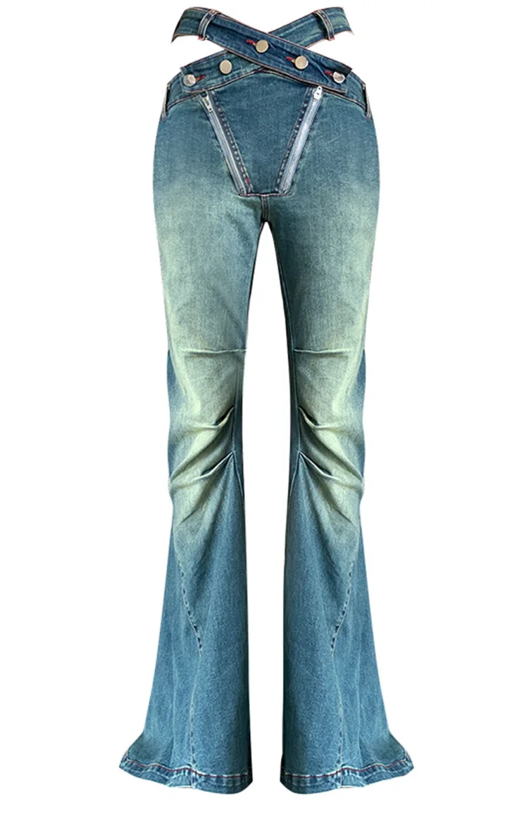 Women's Gothic Style Denim Pants, Hollowed Out High Waisted Spiral Placket Jeans, Big Flared Trousers