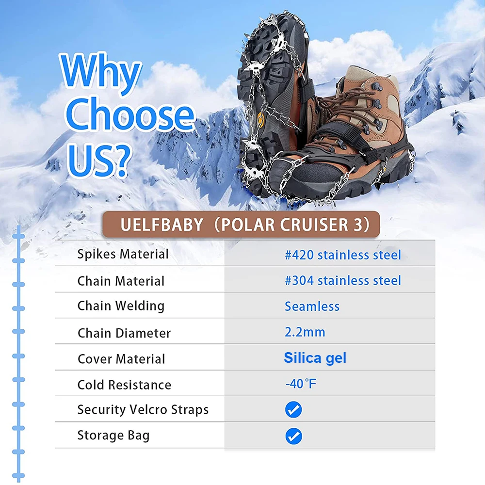 Crampons Shoes 19 Spikes Ice Snow Gripper Camping Anti-Slip Climbing Jogging Walking Hiking shoe protector