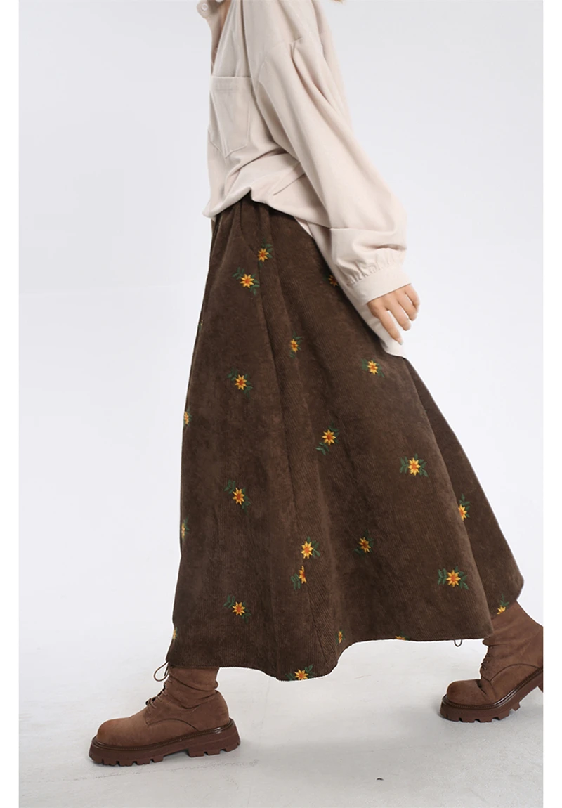 Long Skirt And Embroidered Skirt Brown Apricot Floral Leaves