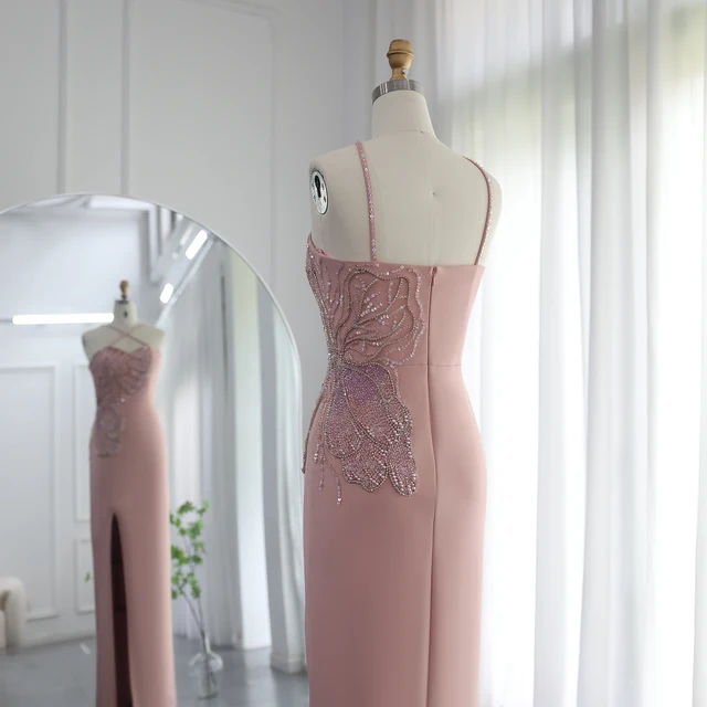 Arabic Crisscross Straps Pink Evening Dress 2024 Luxury Butterfly Beaded Slit Dubai Women Wedding Party Gowns 476 6