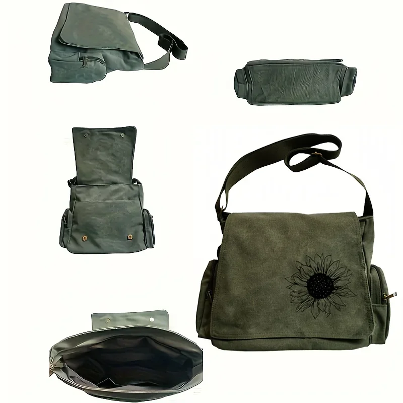 Vintage Women's Bag Sunflower Print Canvas Shoulder Bag Large Capacity Tote Crossbody Book Bag For Students Laptop Bag