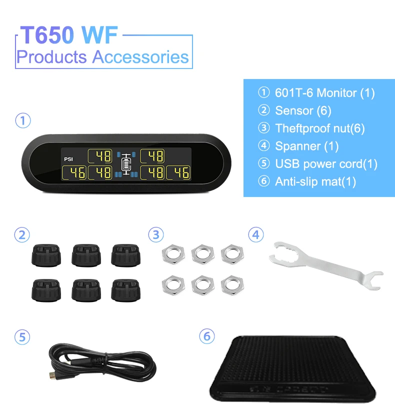 CAREUD 6 Wheel External Sensor Wireless Car Pressure Monitoring System RV Trailer Vehicle TPMS