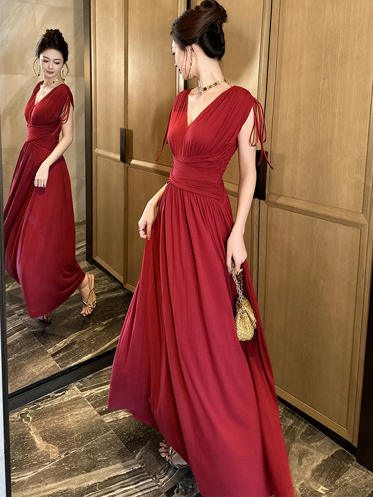 Summer French Fashion Wine Red Evening Dress Women Clothes Elegant Casual  Sexy Sleeveless Slim Maxi Long Robe Party Prom Vestido - AliExpress  200000345