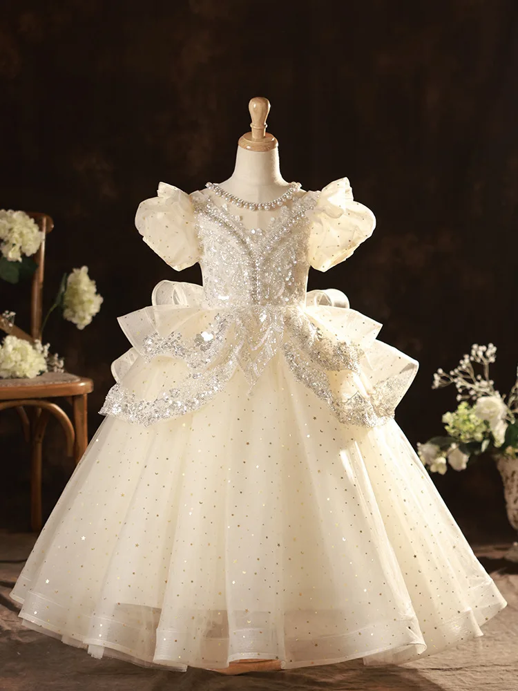 

New Luxurious Child Birthday Party Dress Sparkly Girl Wedding Party Dress 2024 Flower Girl Dress Cute Baby Dress First Gown