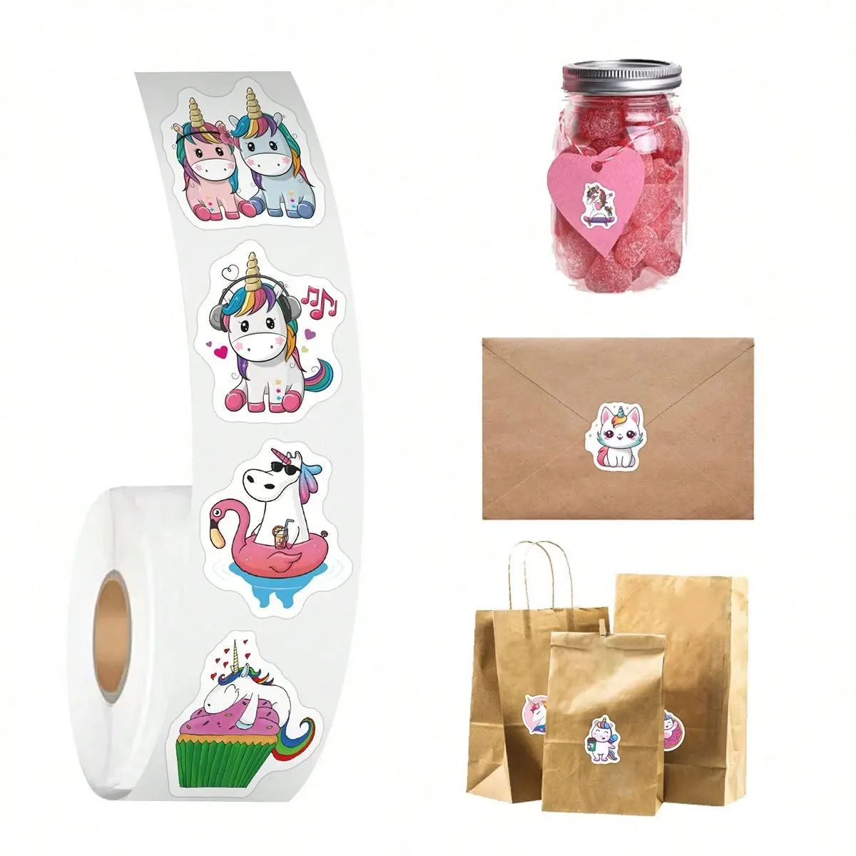 500개 유니콘 라벨 스티커, DIY 장식 스티커, 1인치 자체 접착식 파티 선물 가방용 (10가지 스타일)