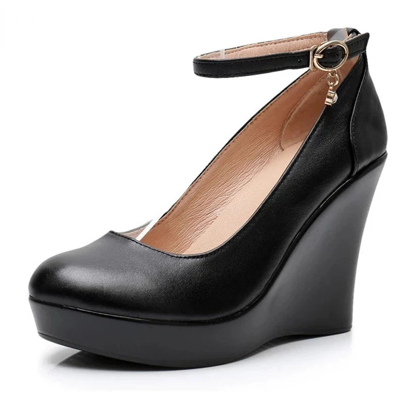 Fashion Ankle Strap High Wedges Platform Pumps For Women Casual Genuine Leather Black Work Shoes High Heels
