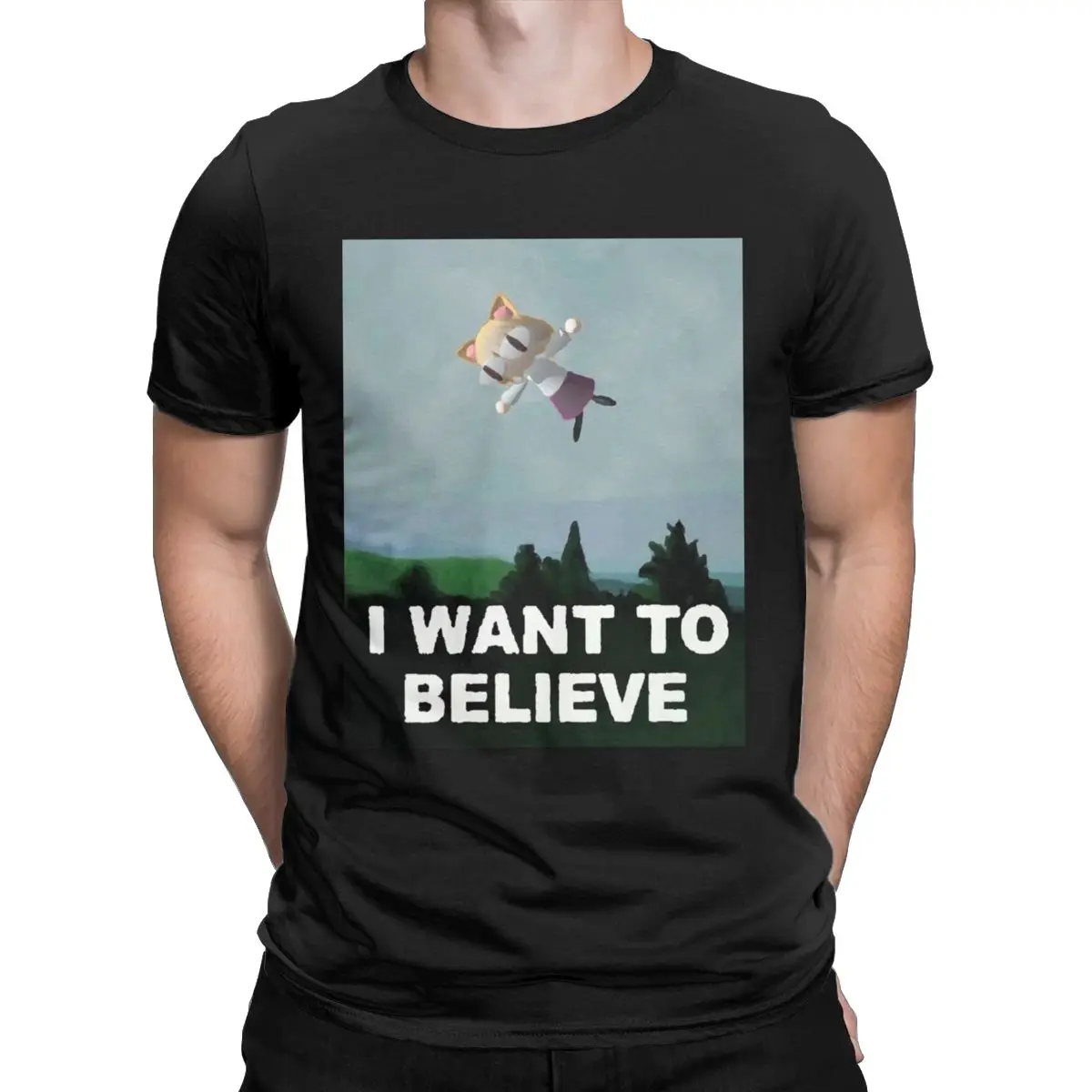 

Футболка Neco Arc I WANT TO BELIEVE для мужчин, смешная футболка с рисунком кошки, с круглым вырезом