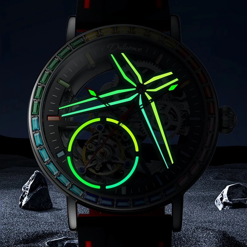Mechanical Watch Rainbow Colored Gemstone Tourbillon Fashion Skeleton Watch Men Waterproof 30M Sports Watches Luxury Automatic Mechanical Clock
