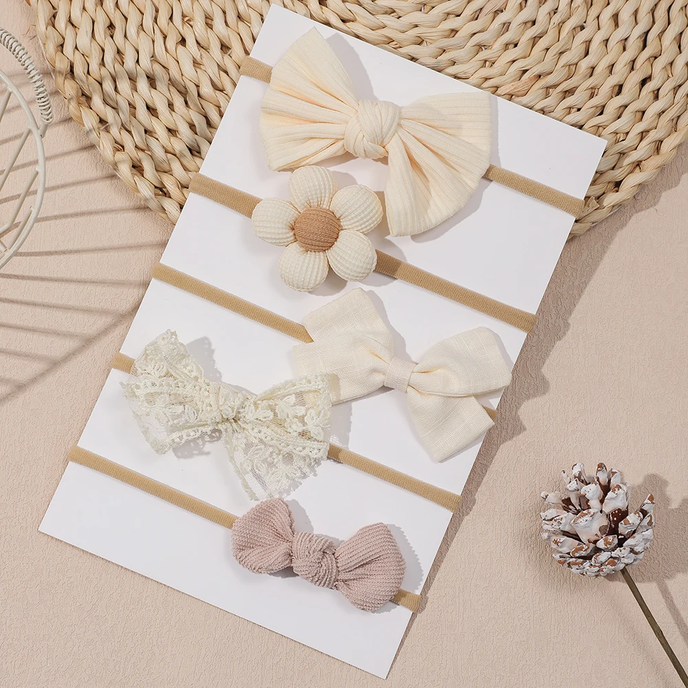 Baby Headband Set - 5Pcs Elastic Apricot Flower Bow Nylon Hair Accessories for Infants and Toddlers