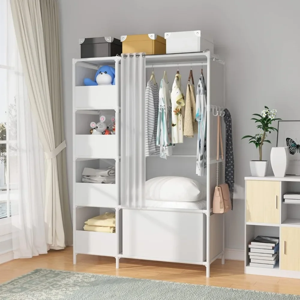 Portable Wardrobe Storage Closet, Clothes Storage Cabinet with Curtain,40.55 x 16.73 x 65.35Inches,Bedroom,White Clothing Rack