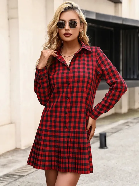 Women Casual Slim Long Sleeve Plaid Shirt Dress Spring Autumn