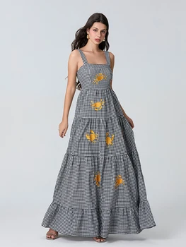 Women s Boho Floral Print Spaghetti Strap Maxi Dress V-Neck Sleeveless Summer Beach Dress with Tiered Skirt and Embroidery 3