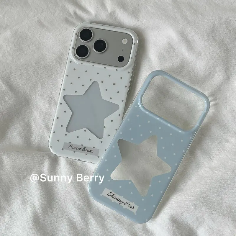 Korean Minimalist Blue & White Polka Dot Star Phone Case Cover