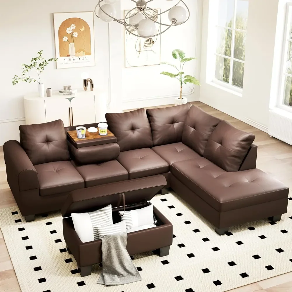 Living Room Sofas Couches for Living Room, PU Leather L-Shaped Couch w/Cup Holder and Storage Ottoman, Living Room Sofas