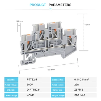 10 ชิ้น PTTB 2.5 Push - in คู่ระดับ Din Rail Terminal Block 2 ชั้น 2.5mm2 ปลั๊กไฟฟ้าสายไฟ PTTB2.5 2