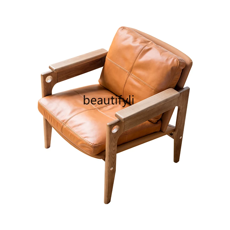

Одноместный Диван из массива дерева, винтажное искусство, натуральная кожа, овечья шерсть, тканевое кресло для отдыха, кресло из ясеня, мебель