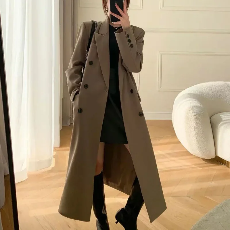 Trench Coat for Women Suit Collar Double-breasted Solid Color Long Coat Elegance Office Lady Jackets Autumn Winter Clothes Women